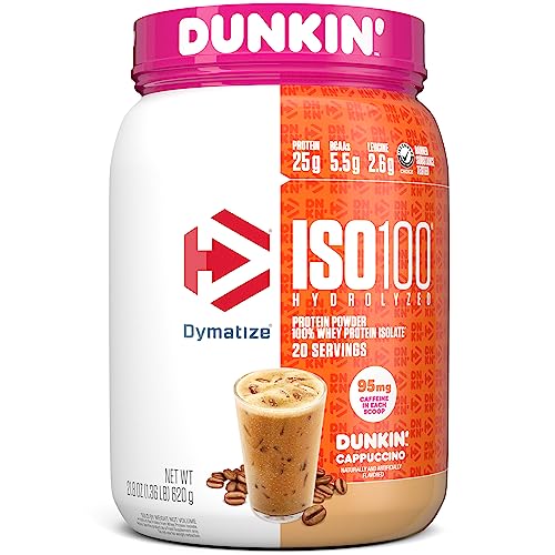 Dymatize ISO100 Hydrolyzed Protein Powder in Dunkin' Cappuccino flavor, 100% Whey Isolate Protein, 25g Protein, 95mg Caffeine, 5.5g BCAAs, Gluten Free, Fast Absorbing, Easy Digesting, 20 servings