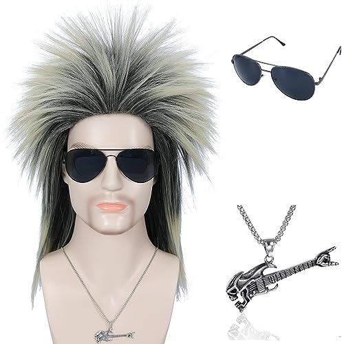 morvally Unisex Long Blonde Mixed Black 80s Rocker Mullet Wig with 80s Necklace and Glasses Glam Rock-Rocker Cosplay Wigs for Women and Men’s Halloween, 80s Themed Costume Party
