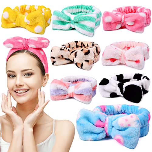 UMIKU 8 Pack Spa Headband for Women, Facial Makeup Headband Soft Coral Fleece Cosmetic Headband for Women Girls Bow Hair Band Head Wraps for Washing Face Mask Spa Shower Gifts