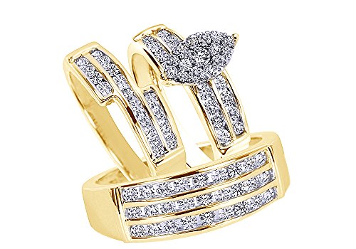 Jewel Zone US White Cubic Zirconia Engagement and Wedding Trio Fashion Ring Set in 10k Solid Gold (1.75 Cttw)