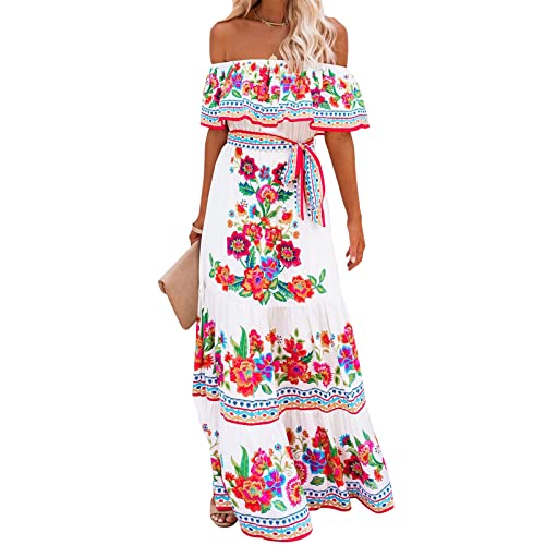 ACOSAP Women's Mexican Dress Summer Floral Print Off The Shoulder Sleeveless Beach Long Maxi Dress