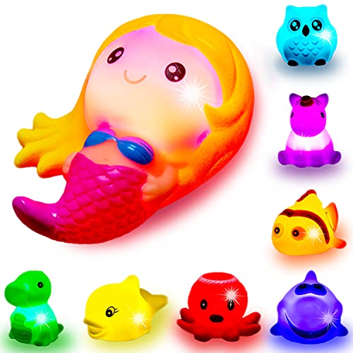 Bath Toys for Toddlers Baby 8 Pack Light Up Toys - Bathtub Toy Flashing Colourful LED Light Shower Bathtime for Kids Infants Shark, Clown Fish, Owl, Unicorn, Octopus, Dolphin, Dinosaur Mermaid