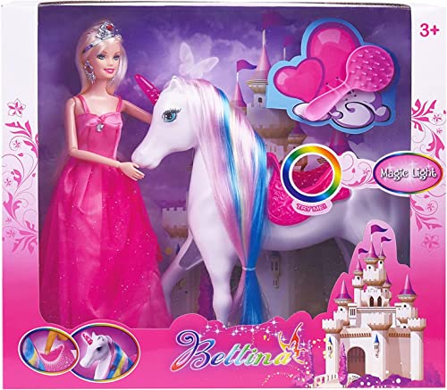 White Unicorn with Magic Light Horn and Fairy Tale Princess Doll 11.5“, W/Comb and Crystal Crown, Girls' Unicorn Doll Toys Gifts, Presents for Girl Kids Aged 3+