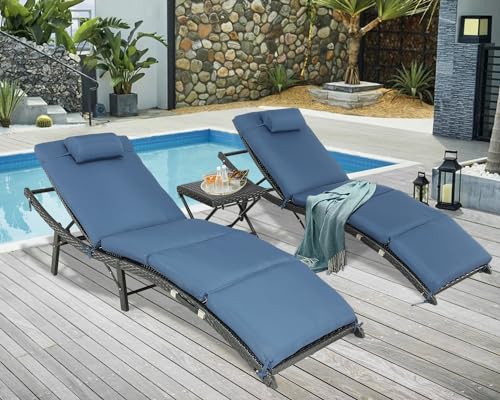 Furnimy Outdoor Wicker Lounge Chairs Set Recliners Lounge Chairs for Outside Adjustable Chaise Lounge Outdoor Rattan Reclining Chair for Poolside, Deck and Lawn (Expresso/Navy Blue)