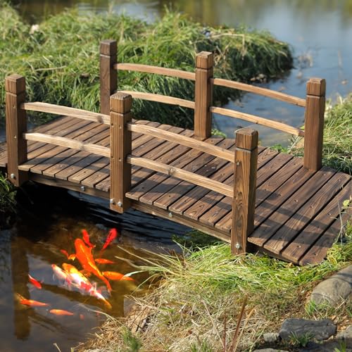 HOMEDIARY Fir Wood Garden Bridge, Outdoor Stained Finish Arc Footbridge Walkway with Double Safety Railings, Decorative Pond Bridge Landscaping for Backyard Farm Garden Creek Pond Decor, Carbonized