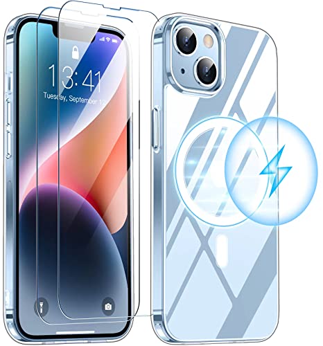 SPIDERCASE Clear Designed for iPhone 14 Case/iPhone 13 Case, Magnetic [2 Pcs Tempered Glass Screen Protector] [Military Grade Drop Protection] Slim Thin Cover