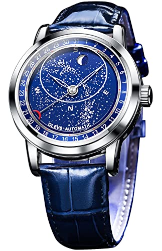 OLEVS Men Automatic Watches Starry Sky Moon Phase Blue Leather Luxury Silver Dress Waterproof Luminous Wrist Watches