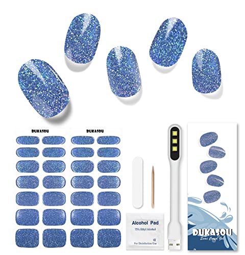 DUKASOU Semi Cured Gel Nail Strips, 28pcs Blue Glitter Gel Nail Strips with UV Light, Gel Nail Stickers Full Nail Wraps for Women Girls Kids Diy, Includes Prep Pads, Nail File & Wood Stick