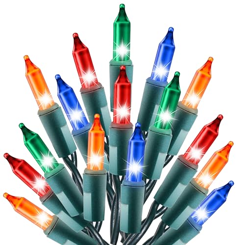 Multi Color Christmas String Lights, 100 Incandescent 20 Feet Green Wire Indoor Outdoor Waterproof Holiday Christmas Tree Lights Set with Static & Flashing Twinkle Function Connectible Plug in