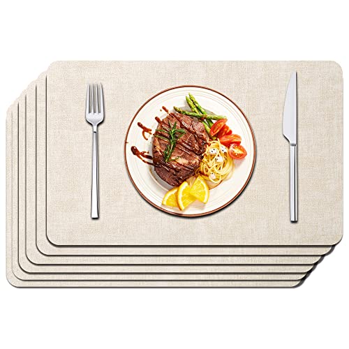 Faux Leather Placemats Set of 6 - Waterproof - Wipe Clean - Heat Resistant - Anti Slip Dining Table Place Mats, Suitable for Indoor & Outdoor Use, 17’’×12’’, Beige