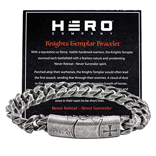 iHeartDogs Hero Company Link Bracelet for Men - The Knights Templar 'Never Retreat, Never Surrender' Chain Bracelet