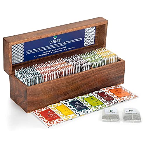 Octavius | Wooden Caddy Tea Sampler Pack | Assortment of 3 Black & 3 Green Teas | 60 Enveloped Double Chamber Tea Bags | Assorted Tea Sampler Variety Pack | Perfect for Tea Lovers | Pack of 1