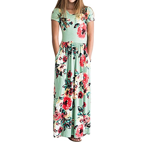 YIJODM Girls Floral Maxi Dress, Flower Printed Short Sleeves Dress with Pockets Summer Long Holiday Dress Green