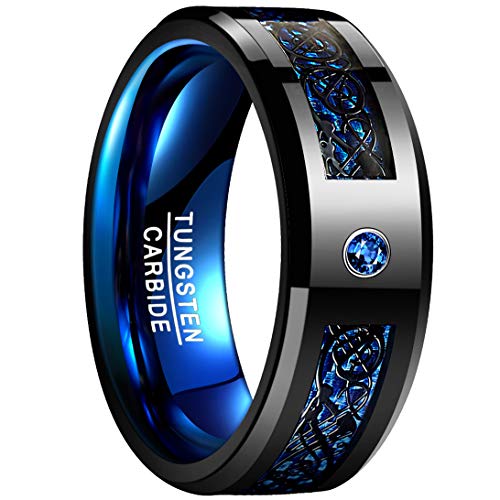 NUNCAD 8mm Blue Tungsten Ring Wedding Band 8mm Cubic Zirconia Celtic Dragon Carbon Fiber Ring Size 10