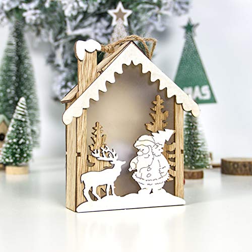 Shan-S Wooden Christmas Light Cabin, Wood Small Light House Wooden Elk Decoration Cute Christmas Tree Pendant Children's Gift Small House Hanging Ornaments Holiday Decoration