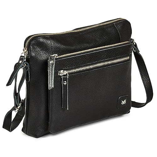 Wise Owl Accessories Small Soft Pebbled Real Leather Crossbody Handbags Purses Triple Zip Premium Sling Crossover Shoulder Bag for Women Gift (Black Nappa)