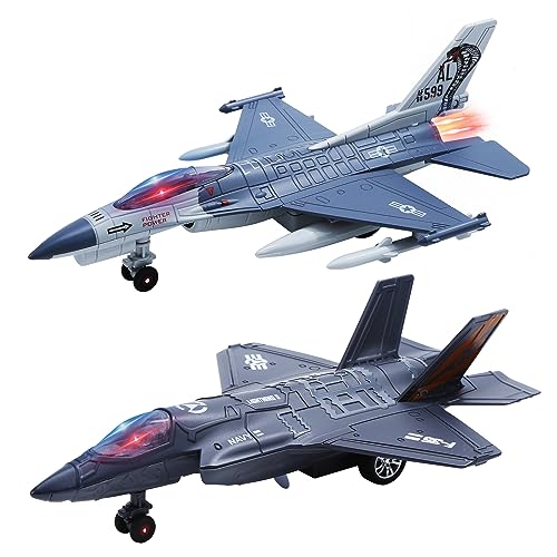 2 Packs Diecast Airplane Toys with Sound & Light, Pull Back Alloy Fighter Jet Plane Model Toys, for Kids Boys and Girls