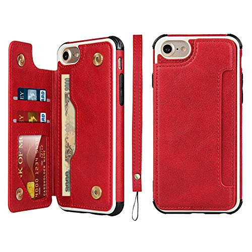 iCoverCase iPhone SE(2022)/SE(2020) iPhone 7/8/6/6s Wallet Case with Card Slots Holder and Wrist Strap Premium PU Leather Kickstand Magnetic Clasp Shockproof Flip Cover Case (Red)