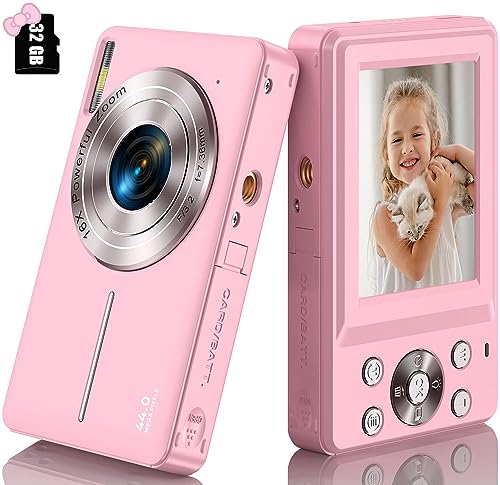 Digital Camera, Kids Camera FHD 1080P 44MP Compact Pink Digital Camera with 32GB SD Card Small Vlogging Camera 16X Digital Zoom, Mini Point and Shoot Camera Gift for Kids Boys Girls Teens Students