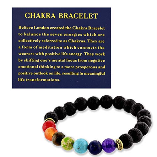 Believe London Chakra Bracelet With Jewelry Bag & Meaning Card | Adjustable Bracelet To Fit Any Wrist | 7 Chakra Natural Stone | Healing Reiki Yoga (8 Inch Bracelet)