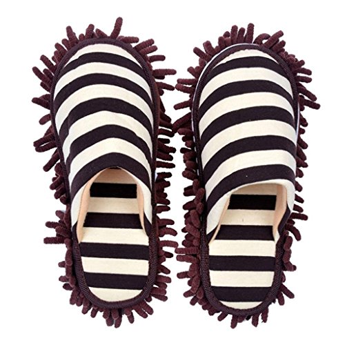 Selric Cozy Washable Dust Mop Slippers Stripe Closed Toe Coffee, Multi-sizes Multi-Colors Available, Chenille Fibre Detachable Mop Soles, Indoor House Slippers 10 1/4 Inches Size:9.5-10