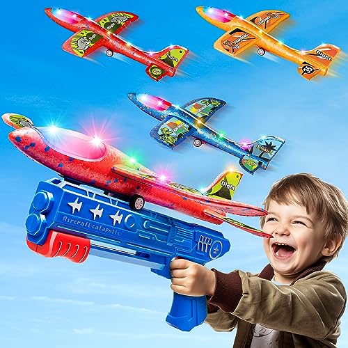 Bigdream 3 Pack LED Airplane Launcher Toys with 1 Launchers, 2 Flight Mode Glider Catapult Plane with Stickers, Flying Outdoor Toys for 3 4 5 6 7 8 9 10 11 12 Year Old Kids Boys Girls Birthday Gifts