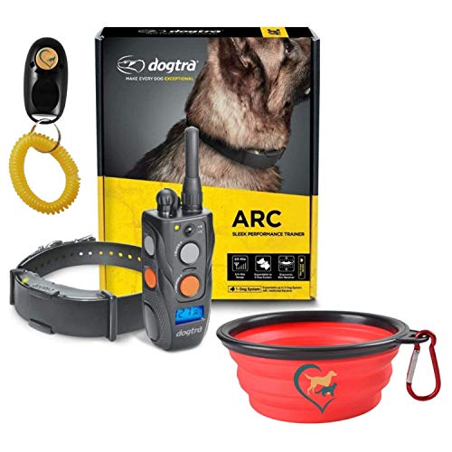 Dogtra ARC Dog Training Collar - 3/4 Mile Range, Waterproof, Rechargeable, Static, Vibration, Fits 15lbs & Up, Includes Free Essential Pet Products Training Clicker and Collapsible Food and Water Bowl