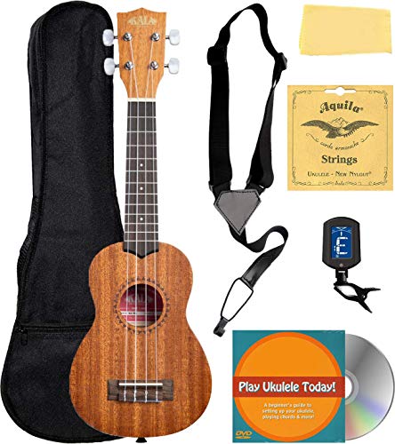 Kala KA-15S Satin Mahogany Soprano Ukulele Bundle with Gig Bag, Tuner, Strap, Fender Play, Austin Bazaar Instructional DVD, and Polishing Cloth