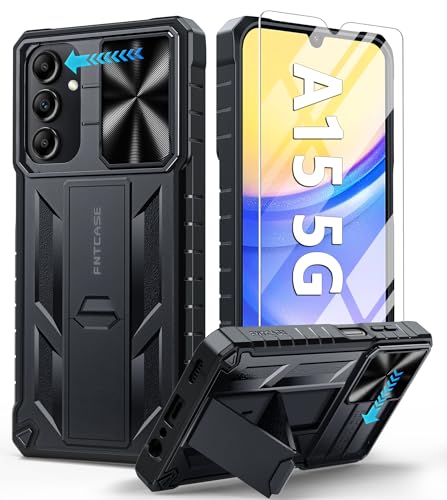 FNTCASE for Samsung Galaxy A15-5G Case: Protective Shockproof Rugged Military Grade Drop Protection A15 Cell Phone Mobile Cover with Kickstand | TPU Matte Textured Tough Hybrid Hard Cases - Black