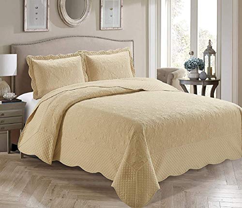 Home Collection 3 Piece Full/Queen Over Size Embossed Solid Beige Color Coverlet Bedspread New # Veronica