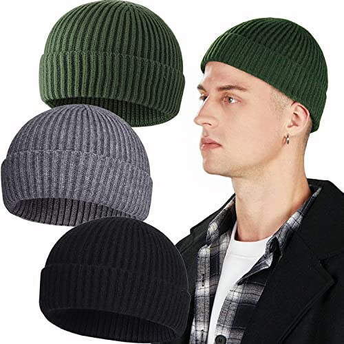 PHILIGHTS 3PCS Short Fisherman Beanie Hat for Men Women, Wool Knit Cuff Winter Warm Hats
