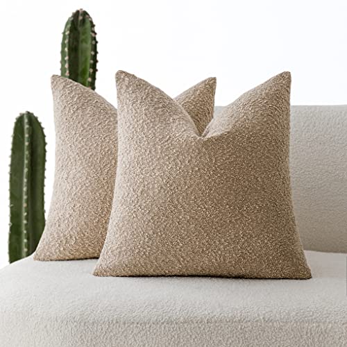 Foindtower Pack of 2 Textured Boucle Throw Pillow Covers Accent Solid Pillow Cases Cozy Soft Decorative Couch Cushion Case for Chair Sofa Bedroom Living Room Home Decor, 18 x 18 Inch,Camel