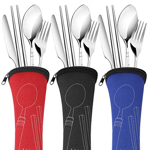 Arroyner 3 Pack Reusable Flatware Sets Knife, Fork, Spoon, Chopsticks, 12Pcs Portable Travel Stainless Steel Tableware Dinnerware with Carrying Case