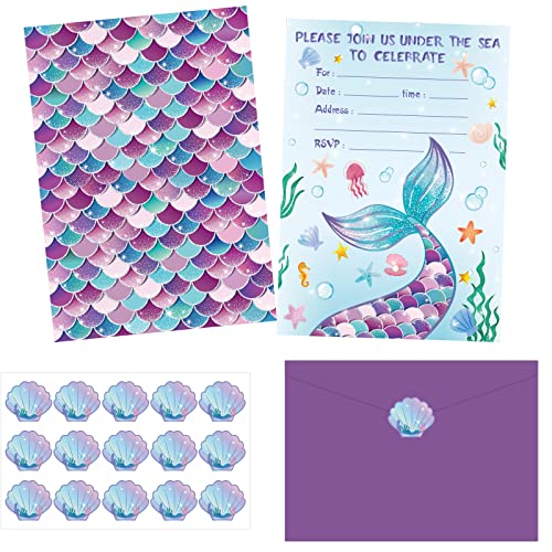30 Pack Mermaids Birthday Invitation Mermaids Party Invitation Cards, 30 Mermaids Sticker Labels with 30 Envelopes Under the Sea Party Decorations Supplies for Girls Ocean Birthday Party