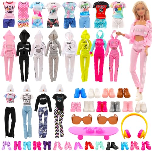 27 Pcs Doll Clothes and Accessories Including 8 Set Clothes Hooded Sport Suits Fashion Outfits Tops and Pants/Shorts with 15 Pairs of Shoes 4 Accessories for 11.5 Inch Dolls(Doll NOT Include)