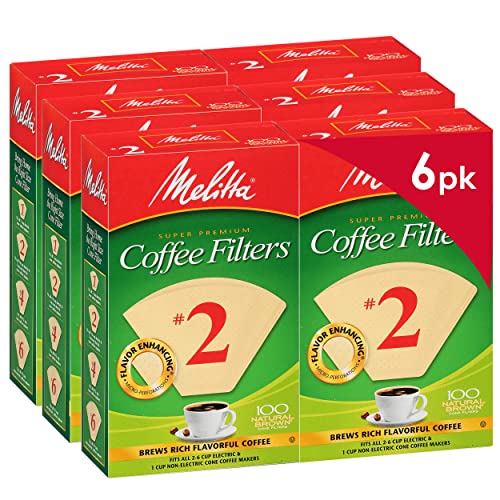 Melitta #2 Cone Coffee Filters, Unbleached Natural Brown, 100 Count (Pack of 6) 600 Total Filters Count - Packaging May Vary