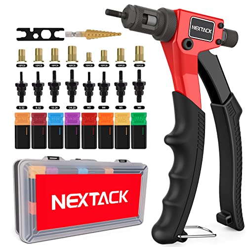 NEXTACK Rivet Nut Tool Rivet Nut Kit with a Step Drill Bit & 80 Nutserts for One-Handed in Tight Space, 8' Rivnut Tool Setter with 8 Mandrels Incl. 6-32 & 8-32 in Organized Rugged Carrying Case NT600