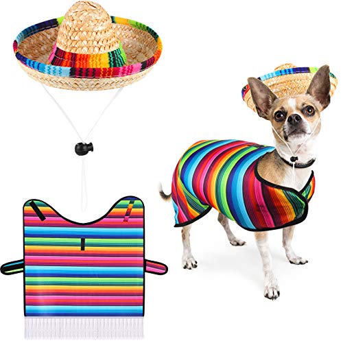 Dog Sombrero Hat Pet Serape Poncho Costume Multicolor Funny Dog Costume Adjustable Sombrero Costume Mexican Dog Poncho Straw Hat Chihuahua Clothes for Mexican Party Decorations (S)