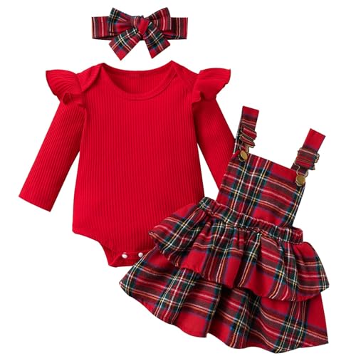 Mubineo Baby Girl Christmas Clothes Plaid Outfits Long Sleeve Romper Overall Skirt Dress Cute Newborn Outfit (Red Green Plaid, 6-12 Months)