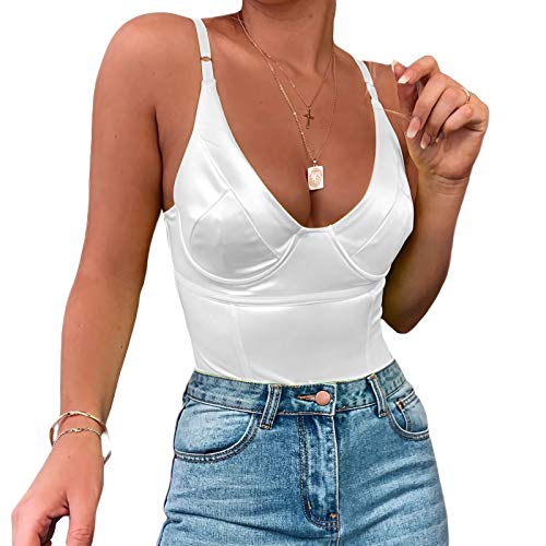 Velius Women's Sexy Deep V Neck Shiny Thong Bodysuit Tank Tops with Underwire (White, Medium)