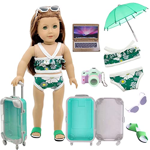 Doll Travel Set Suitcase,Travel Luggage Doll Accessories with Green Suitcase, Camera, Sunglasses, Bikini, Slippers, Notebook, Umbrella for Dolls