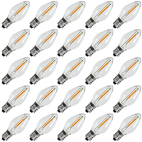 KGC C7 Christmas Replacement LED Light Bulbs - 0.6W Equivalent to 7W, Warm White 2200K, Waterproof Clear Plastic Night Light Bulbs, C7 E12 Candelabra Base for Christmas String Light (25 Pack)