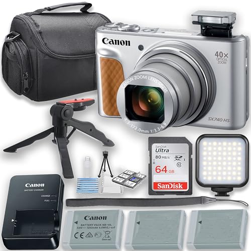 Canon PowerShot SX740 HS Digital Camera (Silver) with LED Video Light + Two Extra Batteries + 64GB Memory Card + Tripod + Case & More