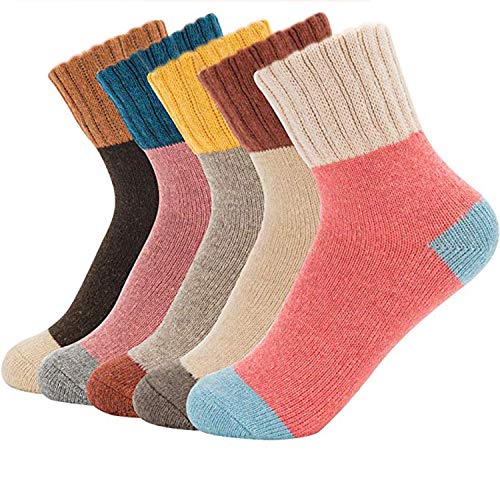 Double Couple 5 Pairs Women Winter Warm Knit Wool Socks Vintage Casual Cozy Crew Socks Comfy Boot Socks Assorted Color (Multicolor-Patchwork)