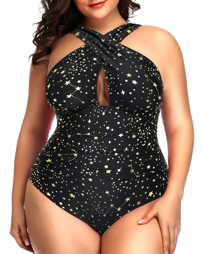 Daci Women Plus Size Swimsuits Tummy Control Black and Star One Piece Bathing Suits Front Cross Keyhole Swimwear 20 Plus