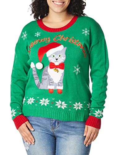 Blizzard Bay Womens Meowy Christmas Kitty Ugly with Bells Sweater, Green/Red, Medium US