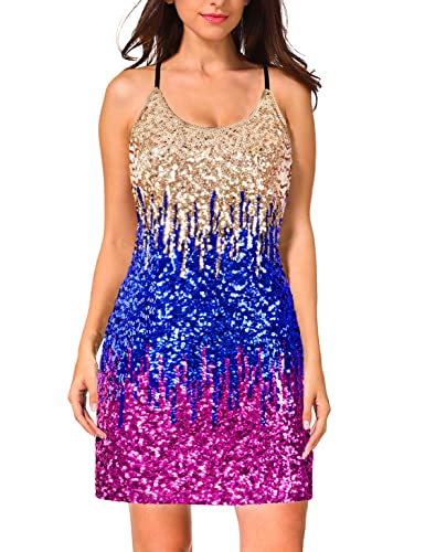MANER Women's Glitter Sequin Dress Adjustable Spaghetti Strap Sparkle Party Dresses (Gold/Royal Blue/Purple, X-Large)