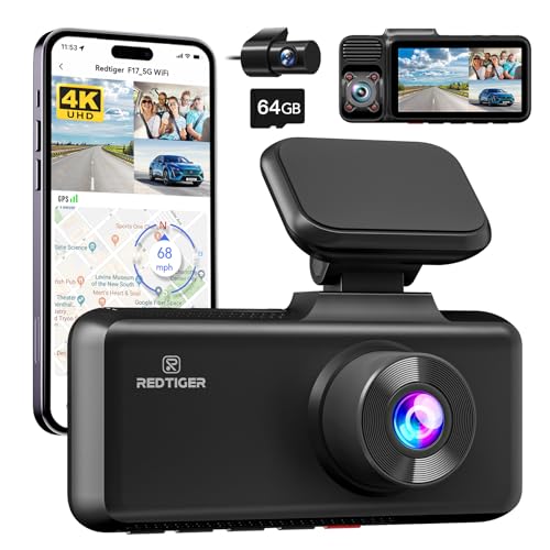 REDTIGER 4K 3 Channel Dash Cam, 5G WiFi Front and Rear Inside, Free 64GB Card, Triple Car Camera Built-in GPS, 4K+1080P+1080P 3 inch IPS Screen, IR Night Vision, WDR, G-Sensor, Parking Mode (F17)