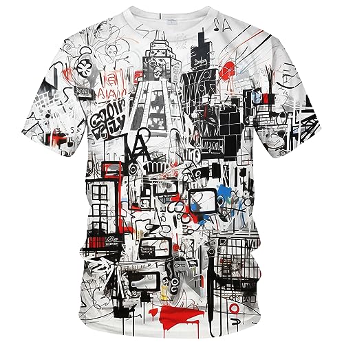 Srcnhim Men's Artist Street Letter Graffiti Markers T-Shirt Shirts 3D Printing Graffiti Graphic Shirt Tee Top,White,L
