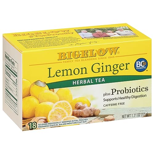 Bigelow Tea Lemon Ginger plus Probiotics Herbal Tea, Caffeine Free, 18 Count (Pack of 6), 108 Total Tea Bags